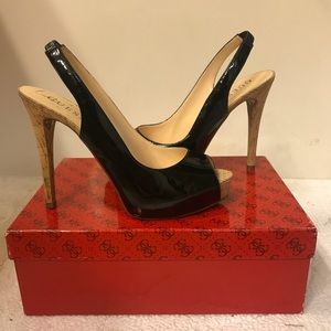 Guess black patent leather & cork open toe heels